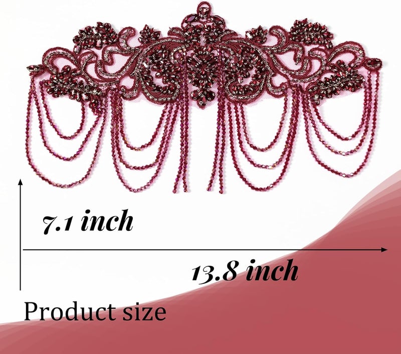amusediy Wine Red Beaded Rhinestones Applique Embellishment for Clothes,Epaulettes Shoulder Patches Sew-on Diamond Sequin Applique for Wedding Dress DIY Accessories Belt Waist Decoration - Image 2